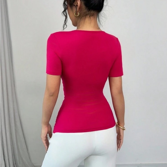 Deep V-Neck 3D Flower Ruched Waist Slim Fit Short Sleeve Top Blouse Shirt Pink - Picture 3 of 5